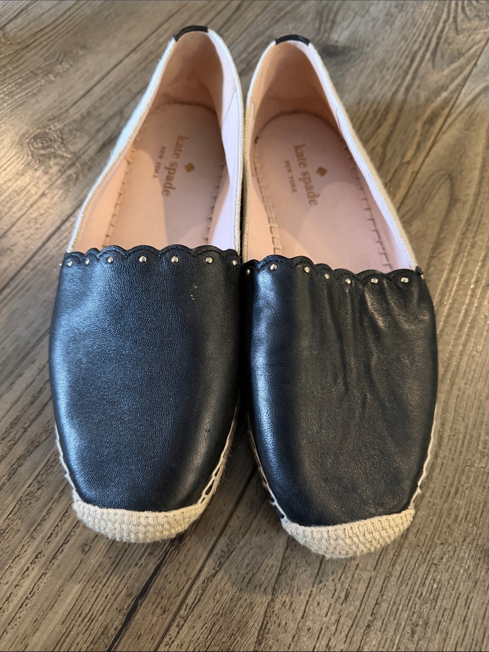 kate spade Black Leather Scalloped Espadrille Flats with Pink Interior